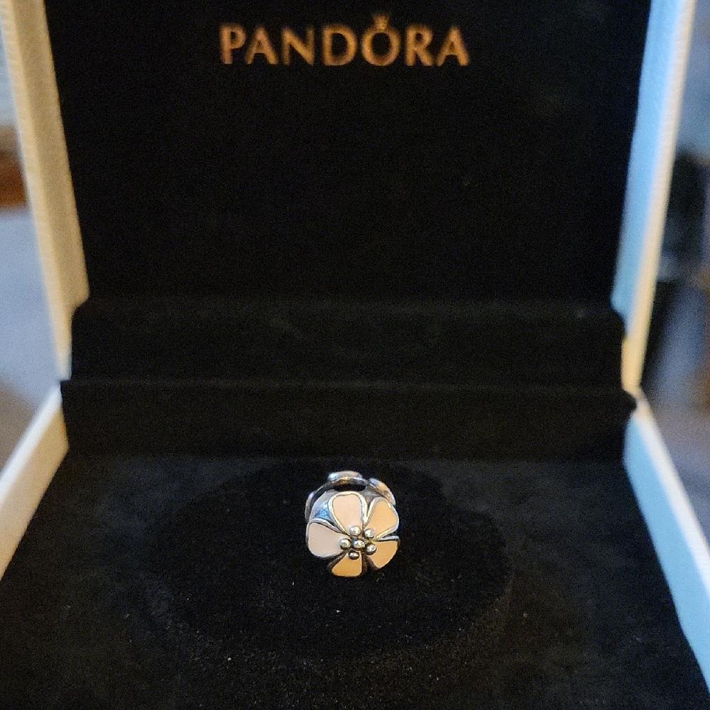 Pandora Retired Cherry Blossom Silver and Pink Clip Charm w Rubber Stopper